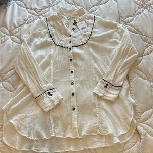 Free People buttons -Up Blouse with Black Trim - ivory color